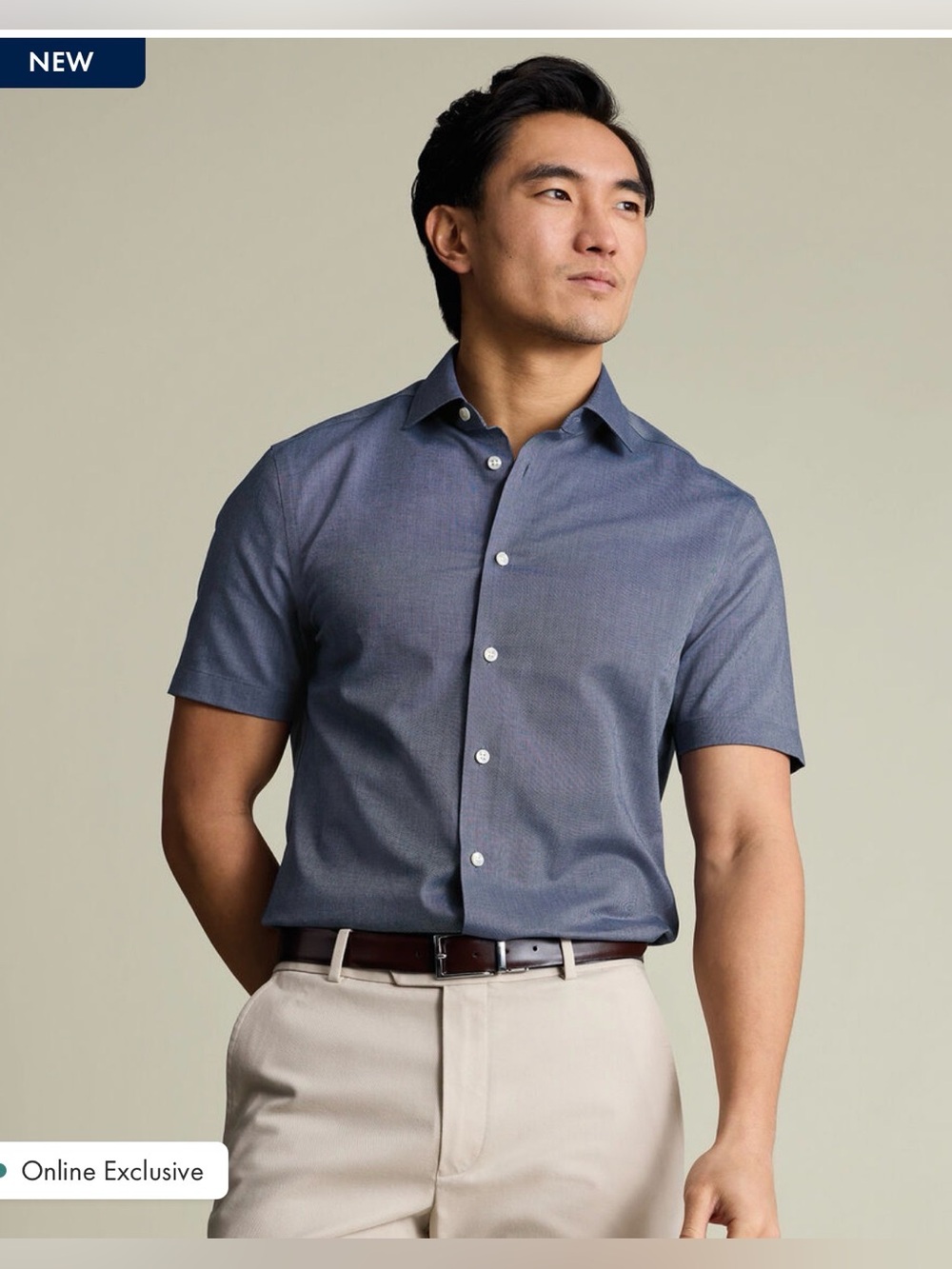 Charles Tyrwhitt Short Sleeve Non-Iron Cotton Linen Shirt - Navy